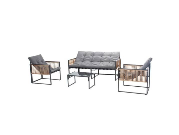 TURINI - Salon de jardin 5 places noir effet rotin coussins gris