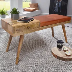 Sitzbank gepolstert 100cm Massivholz Echtleder Schublade Garderobenbank Flurbank