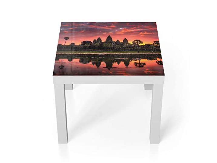 DEQORI Glastisch weiß klein 55x55 cm Motiv Angkor Wat in Morgenröte ausgefallener Beistelltisch aus Glas Hochglanz Couchtisch fürs Wohnzimmer moderner Couch Tisch mit Design