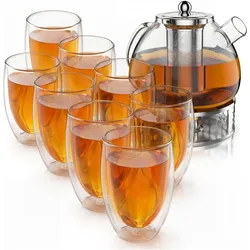 Arendo, Teekanne, Teekanne 1,5 l mit Stövchen & Teesieb + 8 Thermogläser 450 ml ohne Henkel, Borosilikatglas (1.50 l)