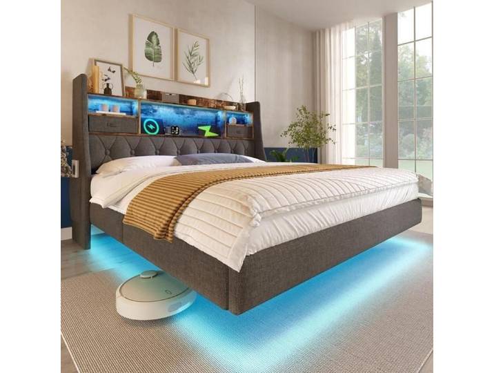 Lit - KOMHTOM - 140x200 - Lin - LED intégrée - Recharge USB-C