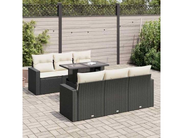 KTHLBRH Gartenmöbel-Set, 7-teilig, schwarz, Polyrattan, mit Kissen Verstellbare Tischplatte, Aufbewahrungsbox, pulverbeschichteter Stahl, für Terrasse