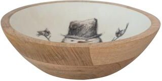 Storied Home Enameled Mango Wood Bowl with Snowman and Bird Image