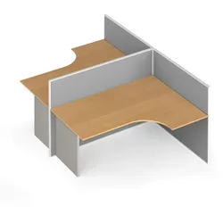 Ergonomischer Eckschreibtisch mit Textil-Trennwänden, 2 Plätze, grau/Buche