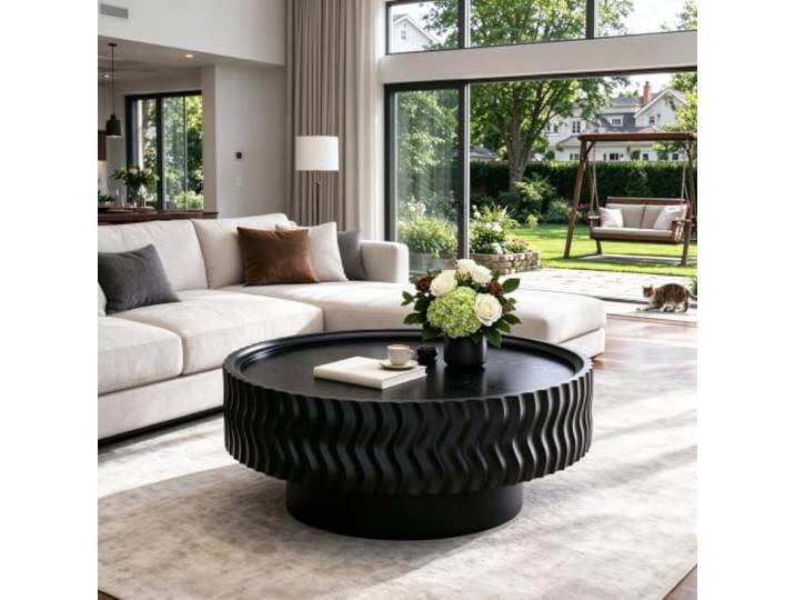 YPDOPORA 30,3 Zoll Moderner Runder Couchtisch Mit Rillenstruktur Wohnzimmer Runder Couchtisch in Trommelform Mit geriffelter Wellenstruktur und stabilem Standfuß für Wohnungen, einfache Montage