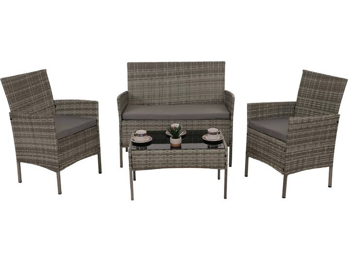 Poly-Rattan Garten-Garnitur HWC-N98, Sitzgruppe Lounge-Set, Metall Glas Stoff/Textil (180g/m²) - grau, Kissen hellgrau