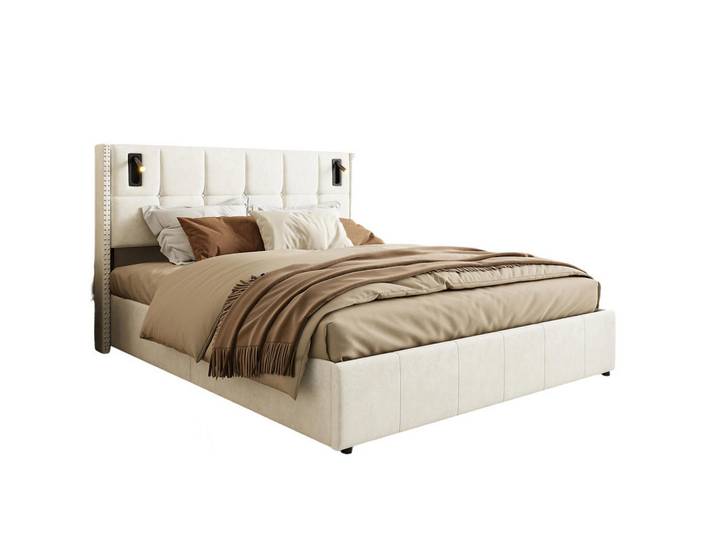 Shopentra Polsterbett 140x200 cm Beige Leselicht Metall Stauraum, 140x200 cm, Schlafzimmer, Betten, Polsterbetten