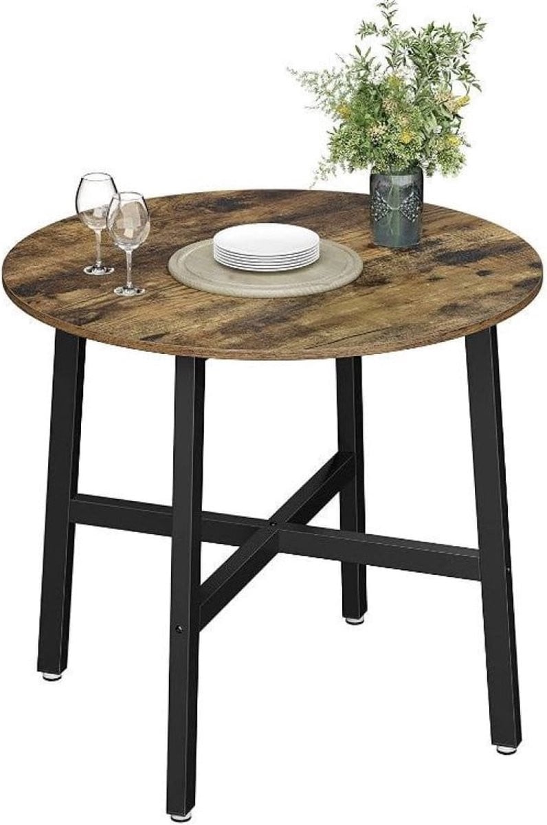 MAZAZU Ronde Eettafel Industrieel - Hout/Metaal - Zwart/Bruin