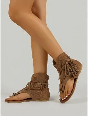 LightInthebox Women's Brown Suede Fringe Ankle Boots – Boho Chic Festival Footwear for Outdoor Music Events