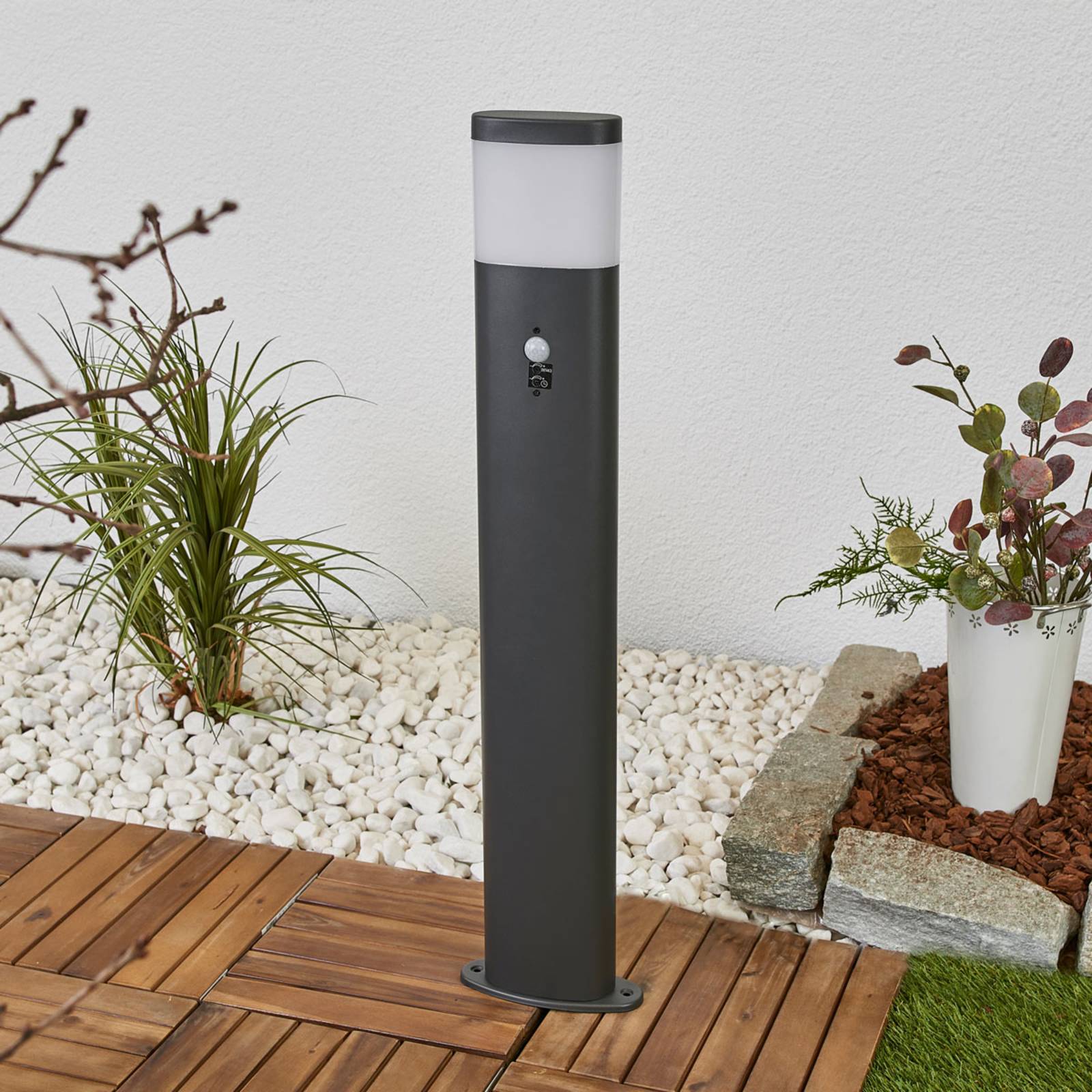 Lindby Obri LED path light, 80 cm, anthracite, sensor, Black, Stainless steel, Modern, Outdoor lights with Sensor