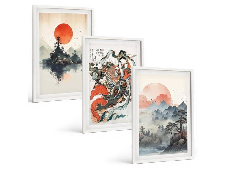 BILDER SET 3er Set - 40x60 cm Weißer Rahmen - Asiatische Japandi-Malereien