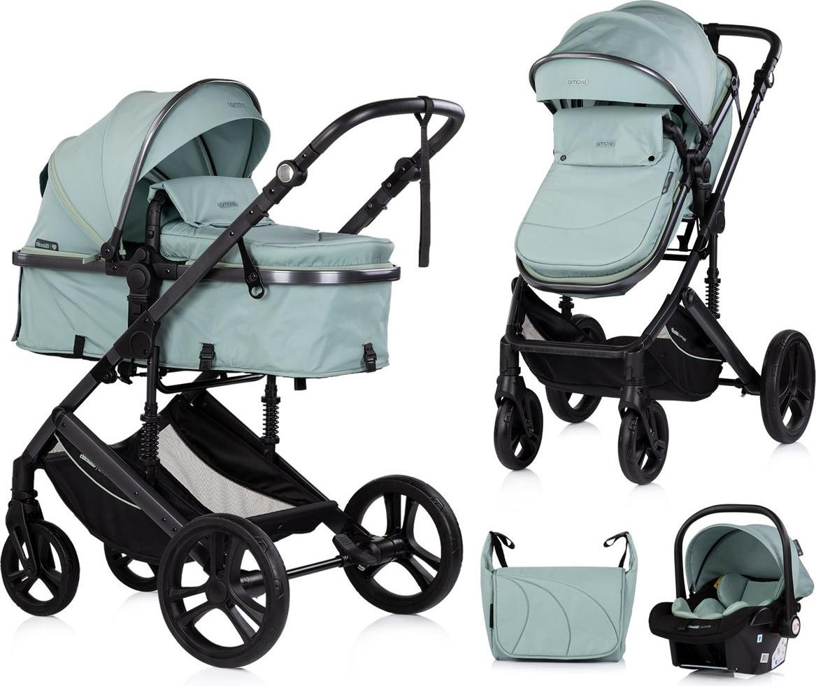 Chipolino Kinderwagen 3 in 1 Amore Babyschale Adapter Wickeltasche Fußabdeckung türkis