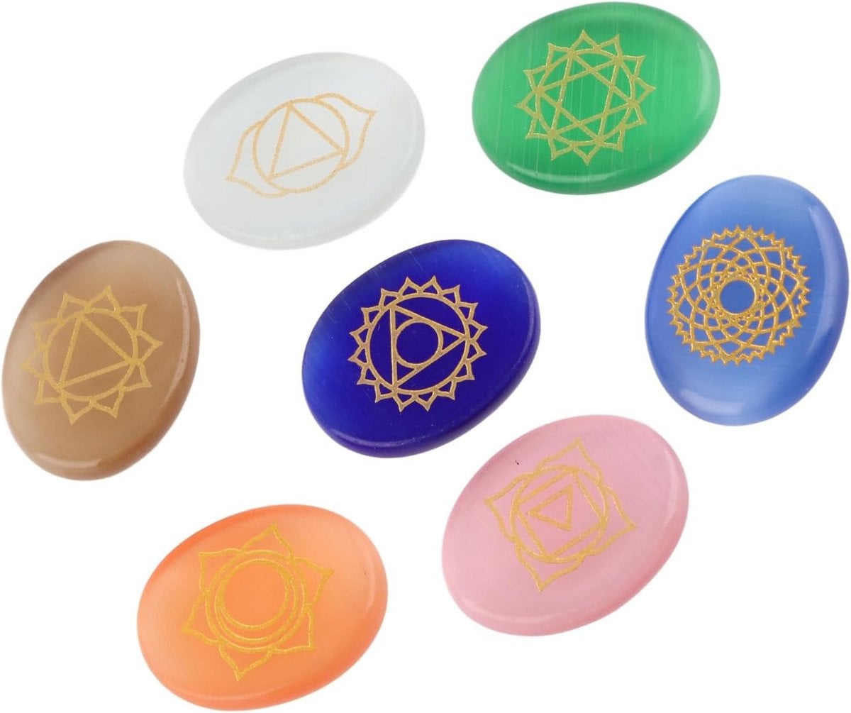 Gegraveerde Chakra Kristallen Set met 7 Natuurlijke Agate Stenen - Multicolor