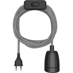ledscom.de Textilkabel LEHA II, Stecker, Schalter, schwarz, weiß, gezackt, 3 m, Porzellan-Fassung, 1x E27 max. 300W