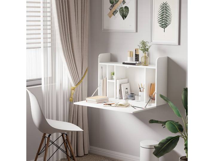 HOMCOM Bureau Mural Rabattable Blanc avec Rangements