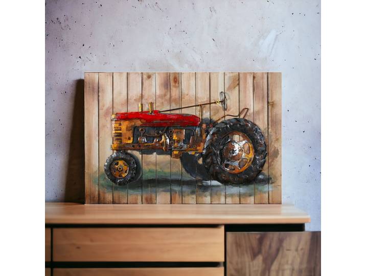 Tableau Relief Tracteur vintage en Bois et Métal