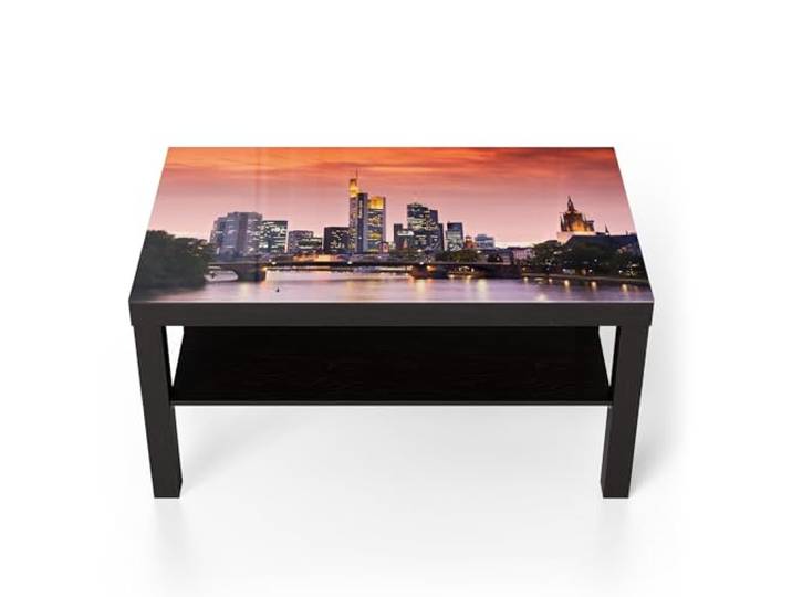 DEQORI Glastisch schwarz groß 90x50 cm Motiv Frankfurt im Abendglanz ausgefallener Beistelltisch aus Glas Hochglanz Couchtisch fürs Wohnzimmer moderner Couch Tisch mit Design