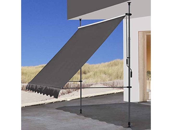 QUICK STAR Klemmmarkise 250x130cm Grau Balkonmarkise Sonnenschutz Terrassenüberdachung Höhenverstellbar von 200-290cm Markise Balkon ohne Bohren