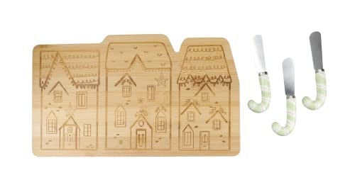 KitchenCraft The Nutcracker Collection Kaasplank en Kaasmessen Set, 4-delig, Bamboe, Huisjes, Bruin