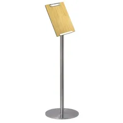 Menükarten-Infoständer »Q« Edelstahl mit Eiche-Klemmtafel DIN A4, silber