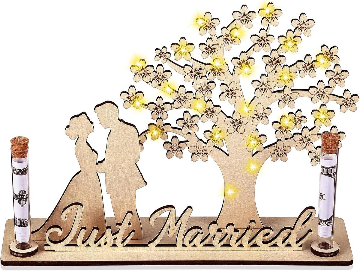 Houten Geldboom met LED-lichtketting en 2 reageerbuisjes voor bruidsparen - Just Married decoratie