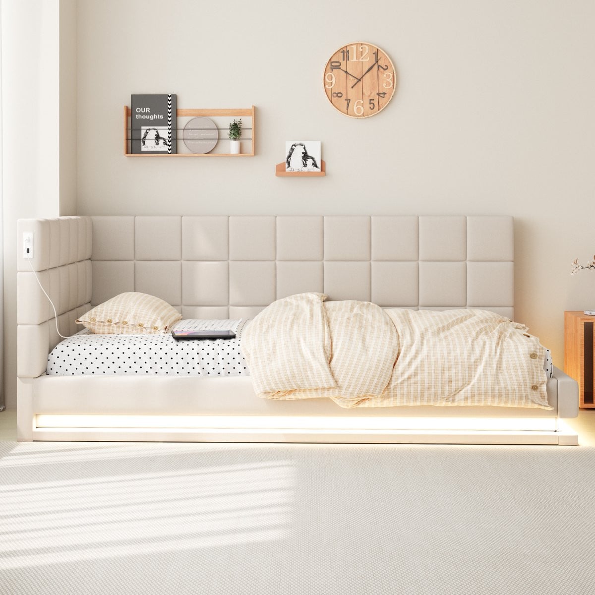 STILVORA Gestoffeerd Eenpersoonsbed met LED-verlichting en USB-poort, Slaapbank met Lattenbodem, Linnen Beige, 90x200 cm