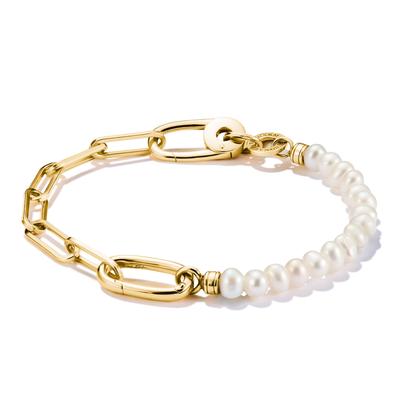 Charm-Armband THOMAS SABO "Charm Club Connect: Perlen und Paperclip mit einem Connect Link" Gr. 19, gold (gelbgoldfarben, weiß), Armbänder, Damen, 19, Perlen Silber 925 (recycelt), Perlen, Silber 925 (recycelt), Charm-Armband, mit Süßwasserzuchtperle