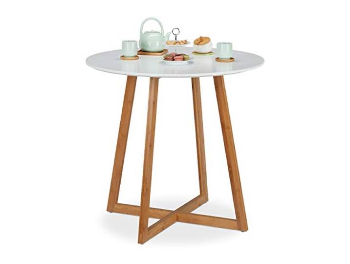 Relaxdays Table d’appoint Ronde\, Table de Salle à Manger\, Cuisine\, Pieds Bambou en Croix\, H x D 75 x 80 cm\, Blanc/Nature