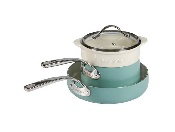 Bloomhouse 4-teiliges Kochgeschirr-Set aus schwerem Aluminium mit antihaftbeschichteter ungiftiger Keramik-Innenseite und Keramik-Dampfgarer-Einsatz, Salbeigrün
