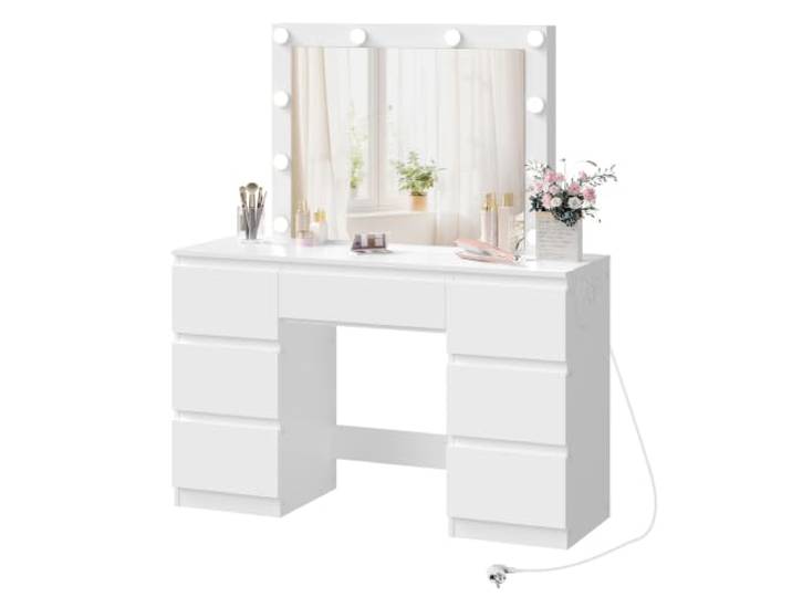 WOLTU Schminktisch mit Beleuchtung Hollywood, Steckdose, 7 Schubladen einstellbare Helligkeit, großer Spiegel, 107 x 40 cm, Viel Stauraum, Frisiertisch aus Holz fürs Schlafzimmer, Weiß
