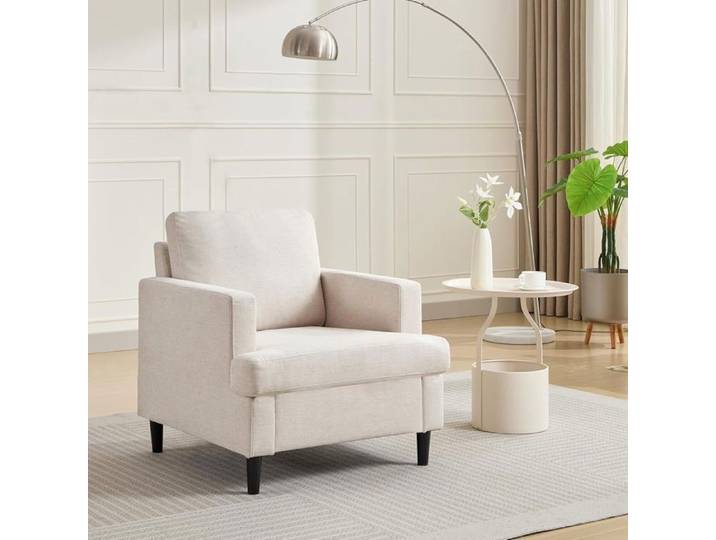 Fauteuil Moderne à Dossier Fauteuil Relax - Scandinave - Beige - Rembourré en Lin - Pieds en Métal - 1 Place