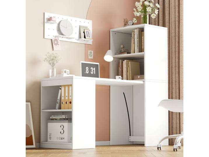 Bureau Escamotable Multifonctionnel 2-en-1 - 130x51x137cm - Bureau Pliable avec Bibliothèque 4 Casiers et Roulettes - Blanc