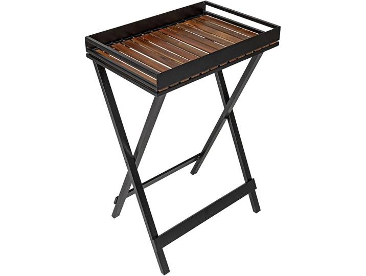 Tablett WENKO Beistelltisch Modell Taba , schwarz (schwarz, natur), B:60cm H:89cm T:42cm, Akazienholz, Metall, Tabletts, Tablett, klappbar, abnehmbares Akazienholz-Tablett, überdacht outdoorgeeignet