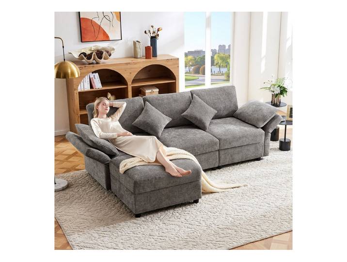 Merax Ecksofa L-förmig Sofa mit Fußhocker, Chenille-Stoff, 1 Teile, 3-Sitzer Schlafsofa mit verstellbaren Armlehnen, Kissen,218x156.5x86cm