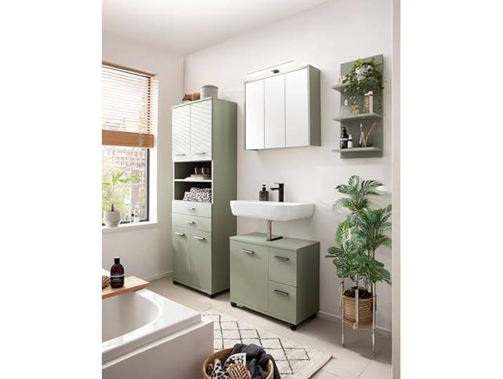 Schildmeyer Badmöbel-Set Palermo 702060, Spiegelschrank, Waschbeckenunterschrank, Hochschrank, Regal, Pistazie