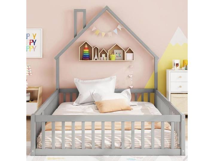 Lit cabane Lit enfant 140x200 cm Lit double Pin Gris