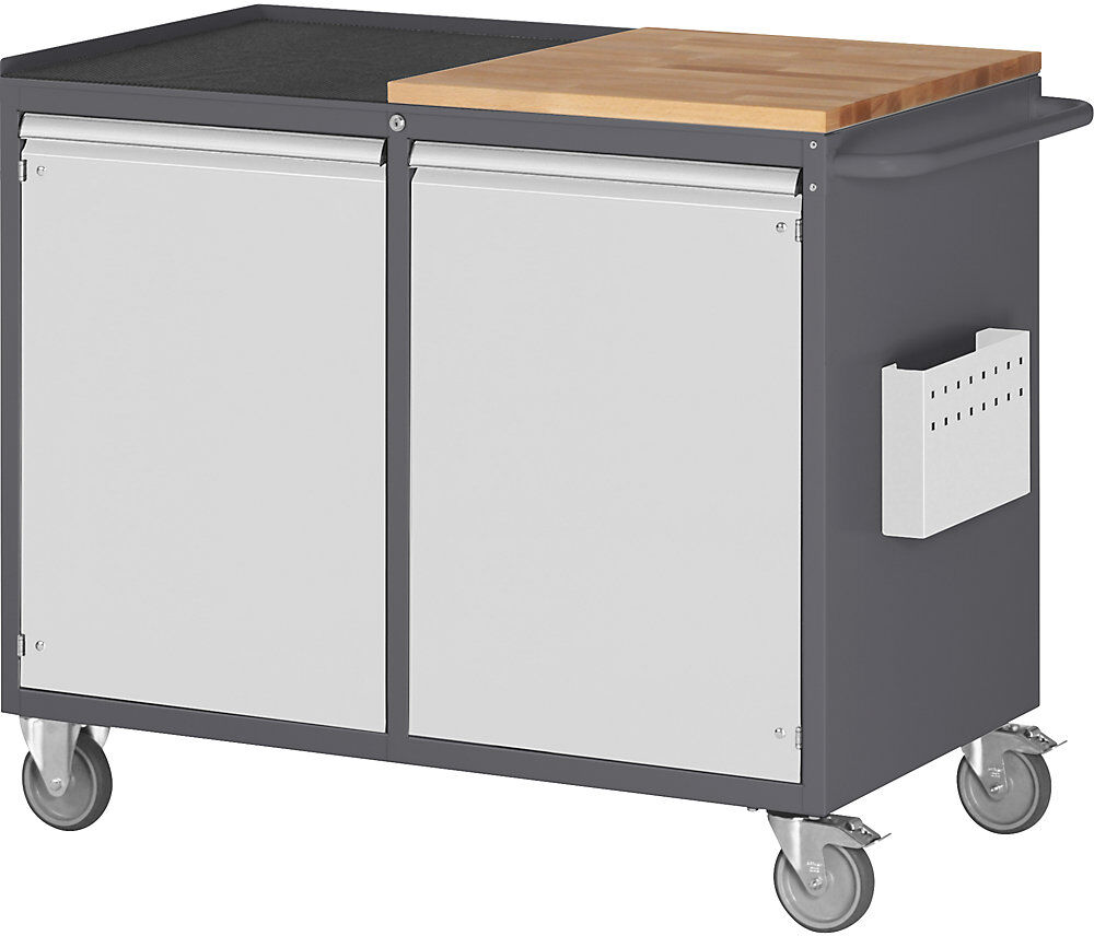 RAU Kompaktwerkbänke, fahrbar, 2 Türen, Arbeitsfläche Holz / Metall, anthrazit / lichtgrau