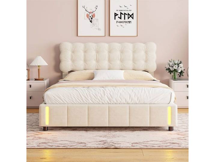 Lit coffre 160x200 cm - Lit double 160x200 cm - Lit rembourré 160x200 cm avec Éclairage LED - Sans matelas - Beige