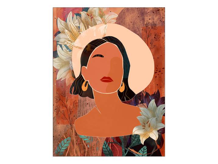 Tableau Illustration fille fleurie Cadre : panneau de fibres de bois MDF Revêtement : toile Vert/Marron/Noir 57 x 77 x 2cm