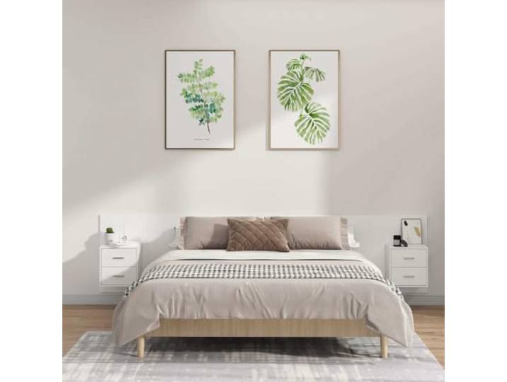 Kopfteil mit Nachttischen aus Holz, weiß, 2 Nachttische und 1 Wanddesign, Stauraum, feuchtigkeitsbeständig, glatte Oberfläche, stabil und robust