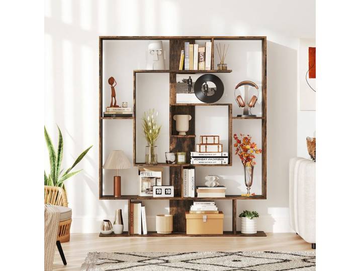 GIANTEX Bibliothèque Géométrique à 7 Niveaux- Compartiments Ouverts- 2 Kits Anti-Basculement- 125x22x150cm- Salon Chambre- Marron