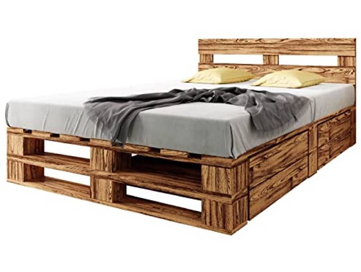 sunnypillow Paletten Bett M2 aus Holz 180x200cm mit Kopfteil, 2 Bett kästen Doppelbett, Familienbett, erhöhtes Bettgestell Futonbett Komforthöhe Geflammt Massivholzbett