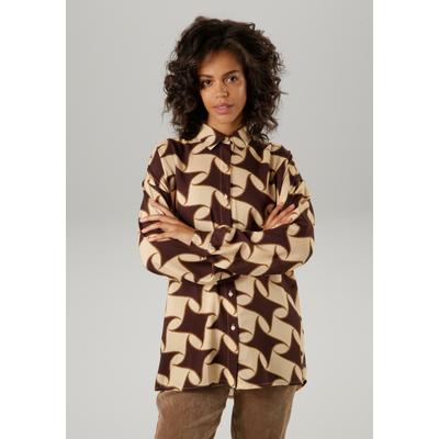 Hemdbluse ANISTON CASUAL, Damen, Gr. 40, braun (sand, dunkelbraun, hellbraun), Web, Obermaterial: 100% Viskose, bedruckt, gemustert, oversize Po-bedeckend, 1-Knopf-Manschette, Blusen Hemdbluse, mit farbharmonischem, grafischen Druck