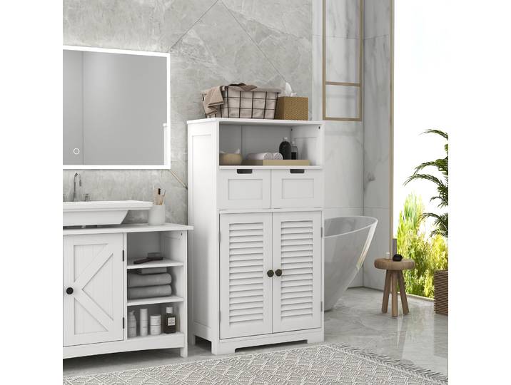 kleankin Armoire SDB Blanche 2 Portes Étagère Tiroirs