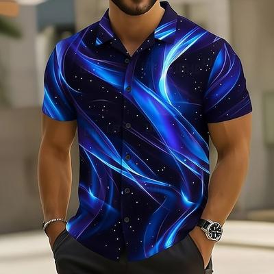 Herren Wellen Blende Farbe Neonleuchten Hemd Knopfhemd Kurzarm Modisch lässig Outdoor Urlaub Sommer Frühling Umlegekragen 3D-Druck Hemden mit Kragen Blau Purpur Orange Grün