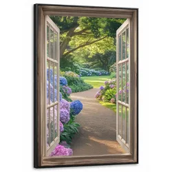 LEINWAND Bilder mit Rahmen - Aussicht - Garten - Fenster - Hortensie - Blumen - 90x140