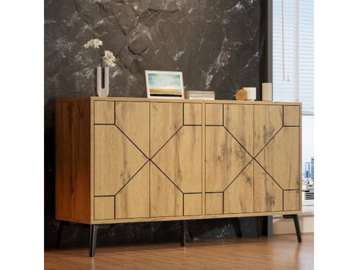 Sideboard mit Wellenmuster,4 Türen mit Rückprallmechanismus, MDF Aufbewahrungsschrank für Esszimmer,Studie & Wohnzimmer, 50kg Belastbarkeit,Küchenschrank, Aufbewahrungsschrank,Holzfarbe,120×35×69cm