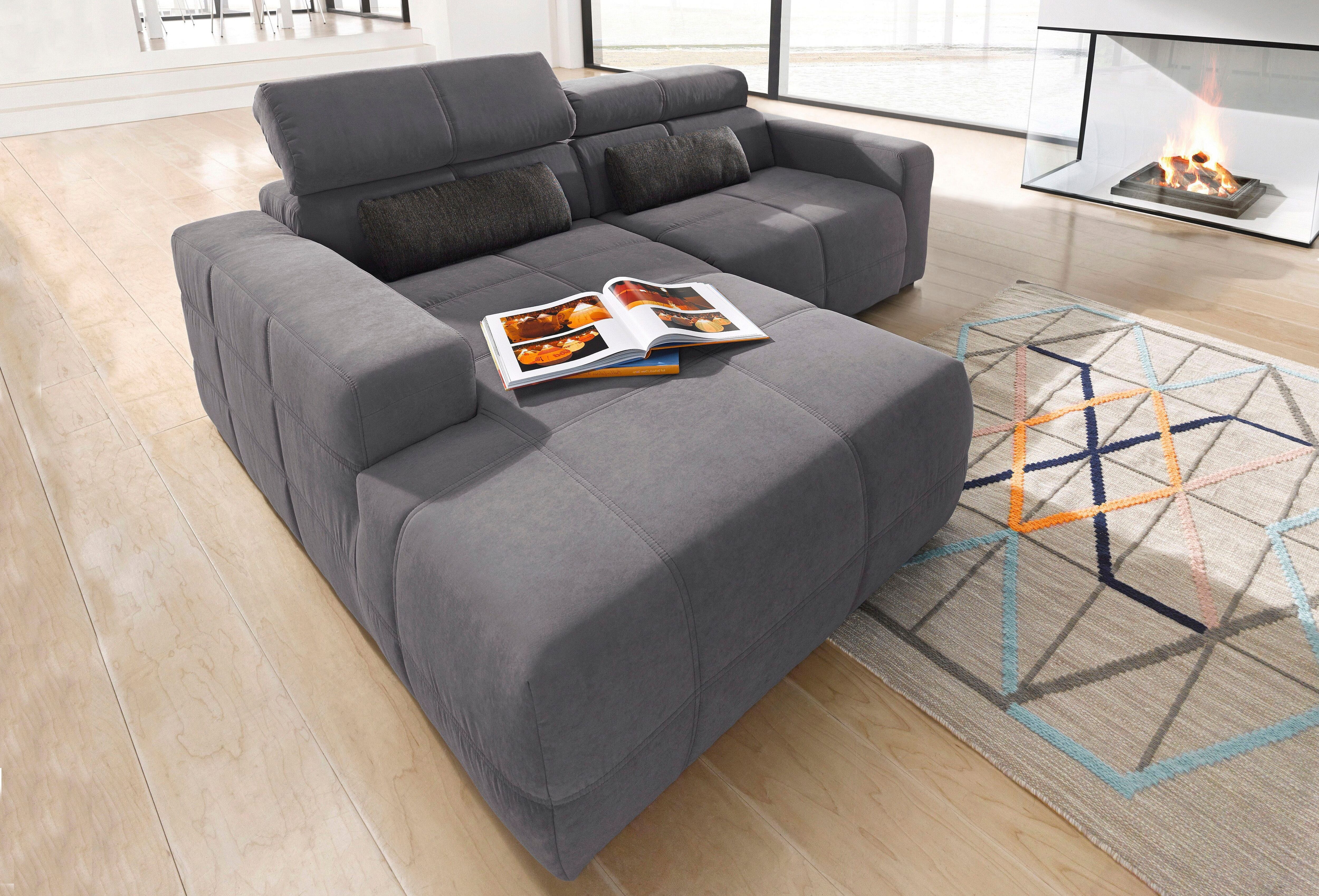 Ecksofa DOMO COLLECTION "BRANDON inkl. Kopfteilverstellung, 214x100x80 cm, L-Form", grau, B:214cm H:80cm T:175cm, 90% Polyester 10% Nylon, Sofas, Ecksofa, Luxus-Microfaser, grau grau B/H/T: 214cm x 80cm x 175cm, Luxus-Microfaser, Recamiere links, Mit Nier