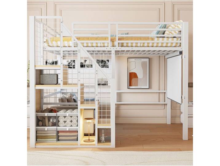lit mezzanine 140x200 rangement escalier metal chambre enfant adolescent blanc EVRYAE