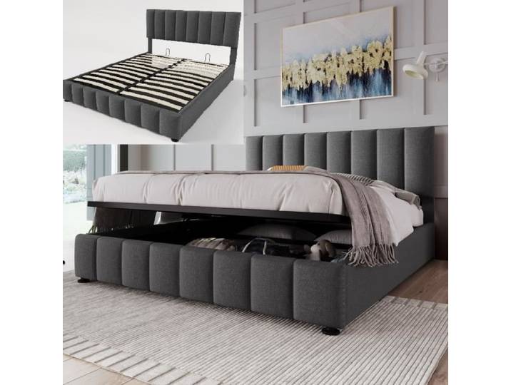 Merax Lit Coffre Adulte en Lin Gris 140x200cm - Sommier inclus - Lit Double Rembourré Fonctionnel